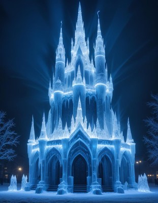 Illuminated ice castle at night