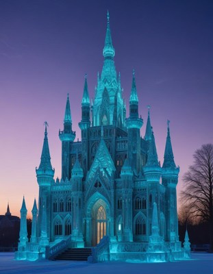 Illuminated ice castle at dusk