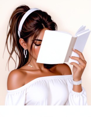 Woman reading book with white top