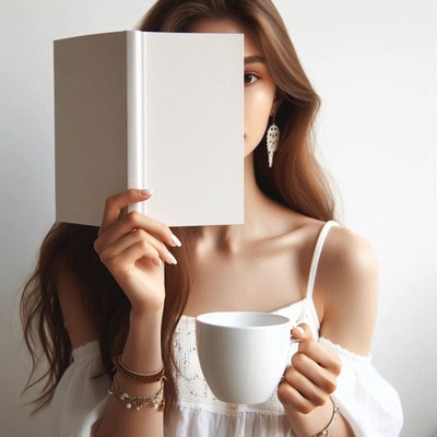 Woman reading a book and holding a mug
