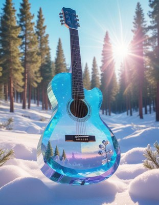 Blue guitar in snowy forest