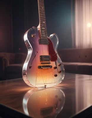 Transparent electric guitar on table