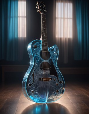 Transparent acoustic guitar on wooden floor
