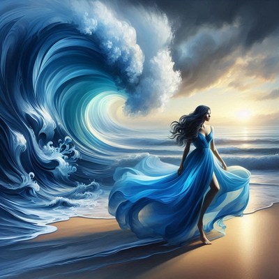 Woman in blue dress walking on beach with giant wave