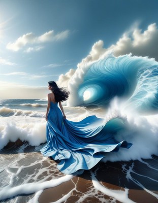 Woman in blue dress on beach with large wave