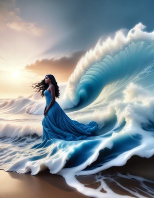 Woman walking on a wave at sunset