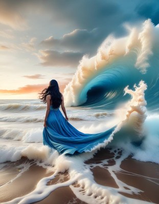 Woman in blue dress stands before a large wave
