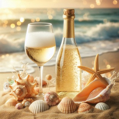 Champagne and seashells on the beach