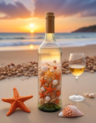 Wine bottle decorated with seashells at sunset