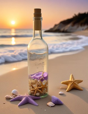 Glass bottle with seashells on beach at sunset