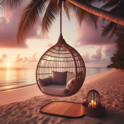 Beachside hanging chair at sunset