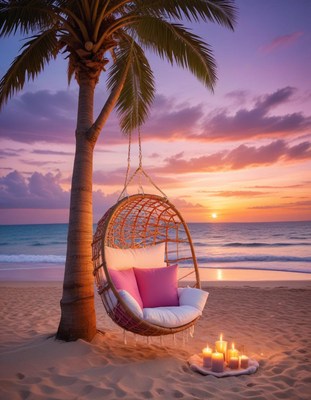 Palm tree sunset with hanging chair