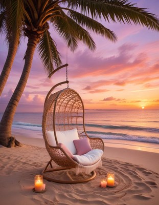 Beach sunset with hanging chair