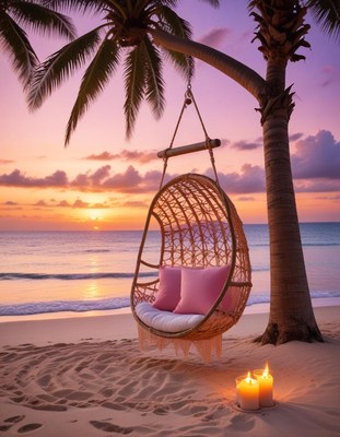 Palm tree sunset beach swing