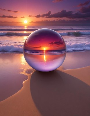 Glass orb sunset reflection