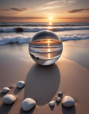 Sunset reflected in crystal ball on beach