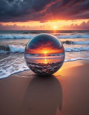 Sunset reflected in glass orb on beach