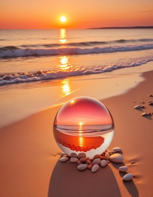 Sunset reflected in crystal ball on beach