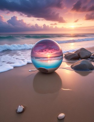 Glass orb reflecting sunset on beach