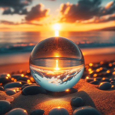 Sunset reflected in crystal ball on beach