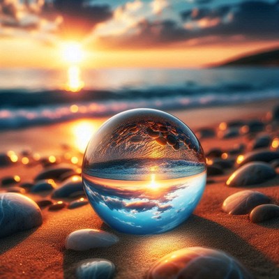 Sunset reflected in crystal ball on beach