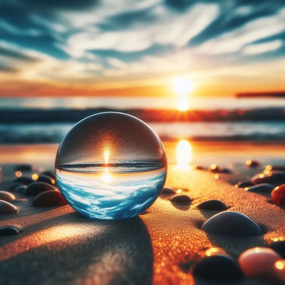Glass orb sunset beach