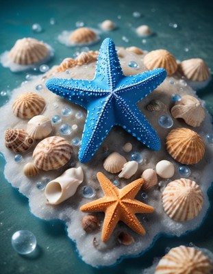 Blue starfish and seashells on sand