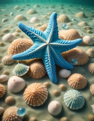 Blue starfish on sandy seabed