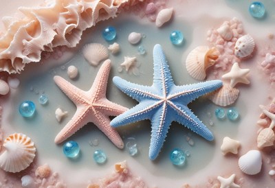 Two starfish on a sandy beach