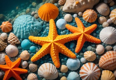 Orange starfish and seashells on beach