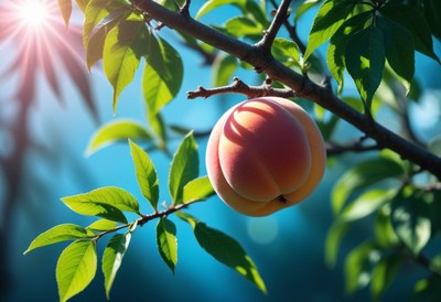 Ripe peach on branch in sunlight