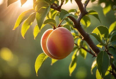 Ripe peaches on a branch in sunlight