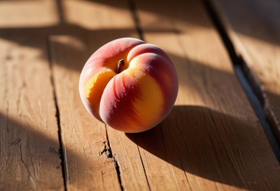Peach on wooden table in sunlight