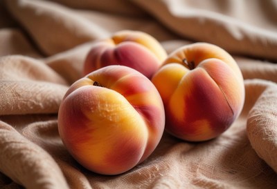 Three ripe peaches on linen cloth