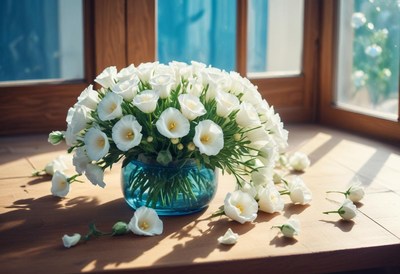 White flowers in a blue vase
