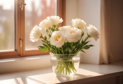White flowers in vase by window