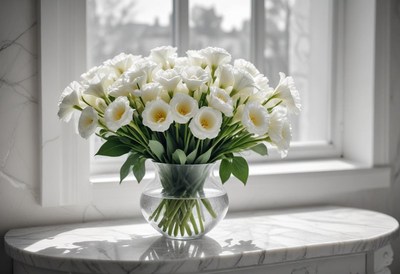 White lisianthus bouquet in vase