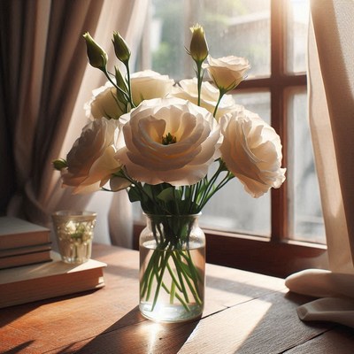 White roses in glass vase on windowsill