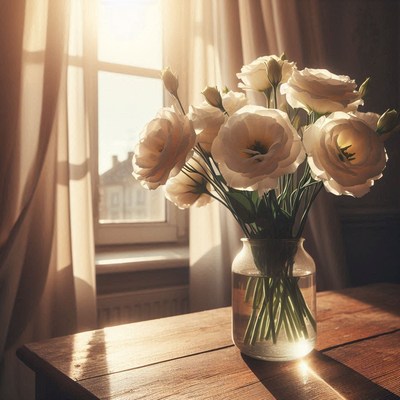 White flowers in sunlight by window