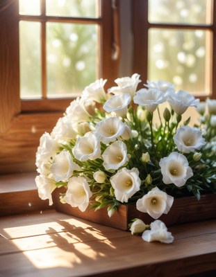 White flowers in wooden box by window