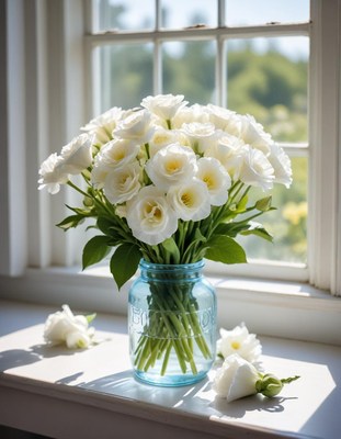 White flowers in blue jar on windowsill