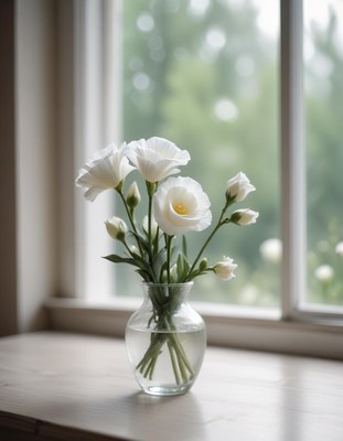 White flowers in glass vase by window