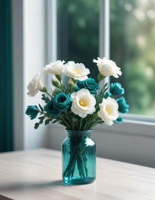 White and teal flowers in a glass vase