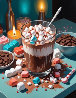 Hot chocolate with marshmallows and candy