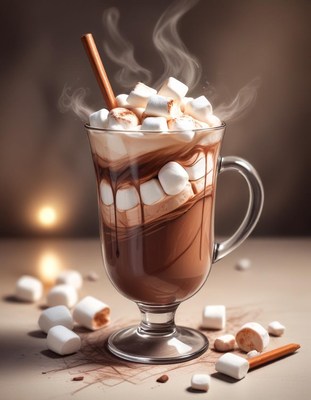 Hot chocolate with marshmallows and cinnamon stick