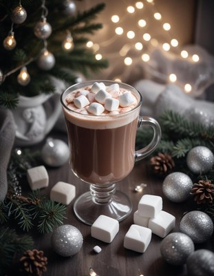 Hot chocolate with marshmallows and christmas lights
