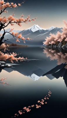 Mountain reflection with pink blossoms