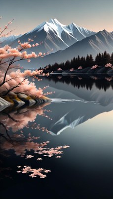 Mountain lake with blooming cherry tree