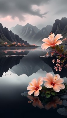 Hibiscus flowers by mountain lake