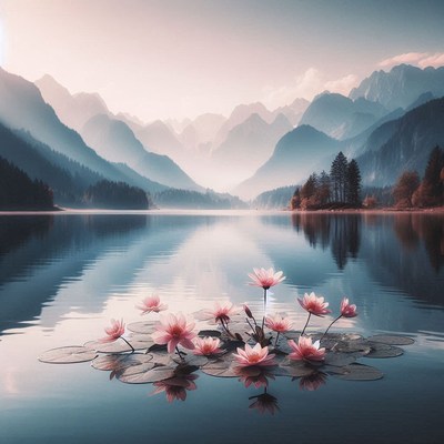 Mountain lake with water lilies at dawn
